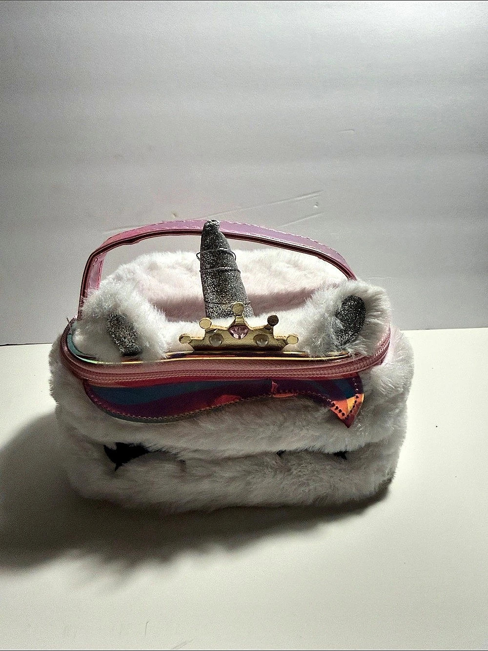 Plush Unicorn Cosmetic Bag in White & Pink